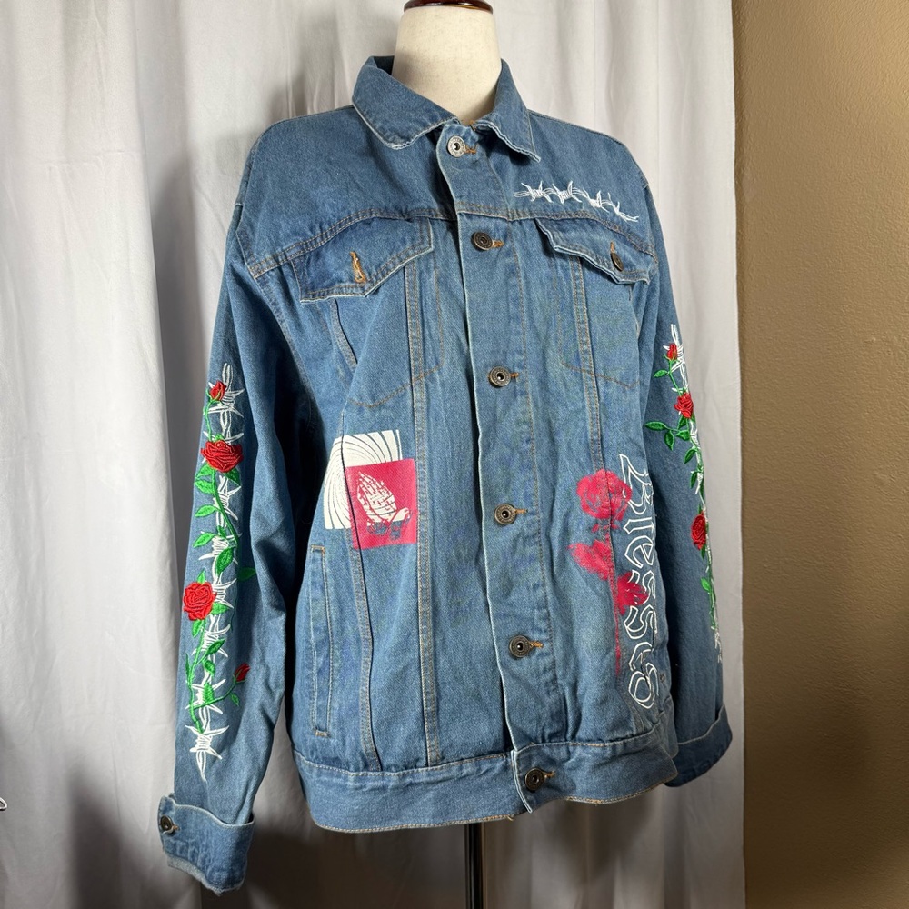 Brooklyn Cloth Blessed Embroidered Jean Jacket XL Mid Length Cotton Denim